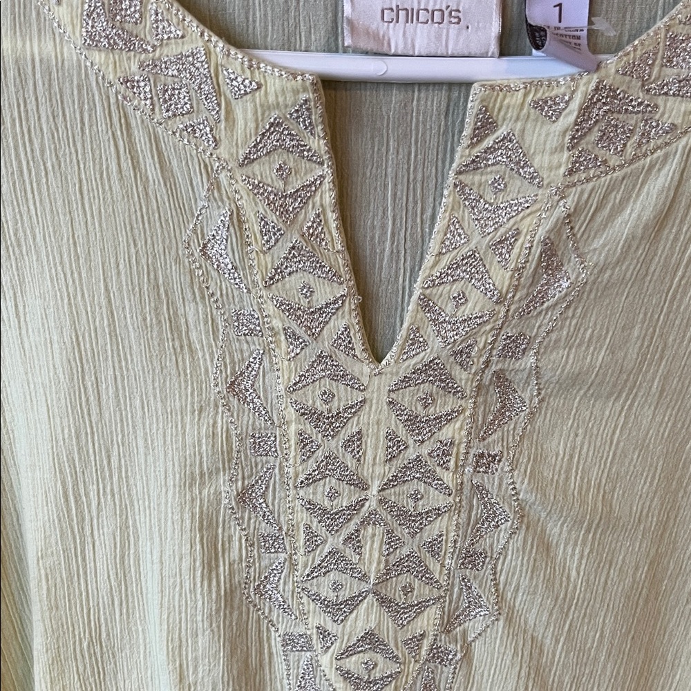 Chico's Light Yellow Cotton Embroidered Tunic Size S-M